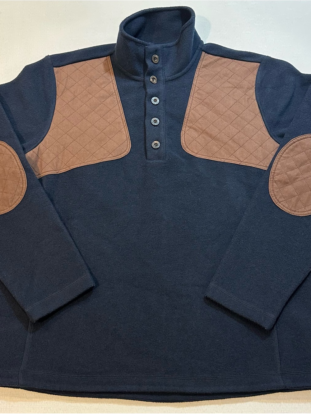Orvis Navy Pullover with Brown Quilted Shoulder and Elbow Patches